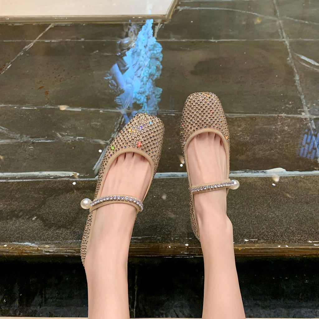 Square Toe Mesh Pearl Mary Jane Shoes